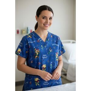 Disney Winnie The Pooh Tigger Christmas Scrub Top Womens V-Neck Pockets Medium